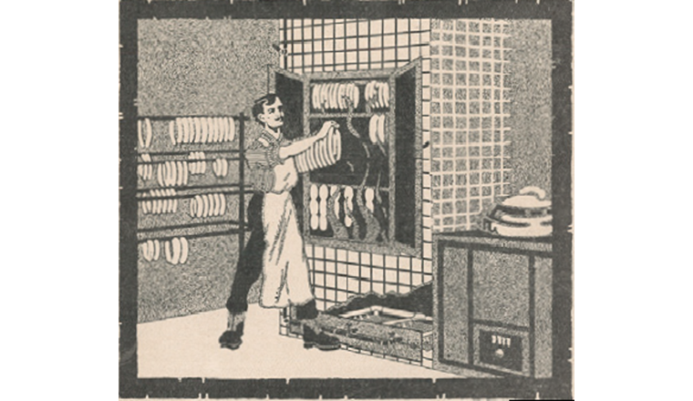 Anfang der 1920er-Jahre geriet die Gasindustrie in wirtschaftliche Schieflage. Mit so genannten «Klichées», die der SVGW seinen Mitgliedern zur freien Verwendung zur Verfügung stellte, versuchten die Gasversorger die Öffentlichkeit von der Effizienz der Gasfeuerung im Haushalt und Gewerbe zu überzeugen. Im Bild: ein Gasräucherapparat für Metzgereien, fabriziert unter dem Namen «Perfekt» von Adolf Herzog in Zürich. (Quelle: Monats-Bulletin No. 12/1921)