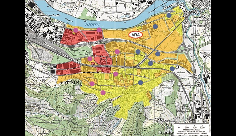 Fig. 2 Messpunkte (blau: Route 1, violett: Route 2, Messpunkt ARA Rhein: Ausgangspunkt für beide Routen und Kontrolle).
