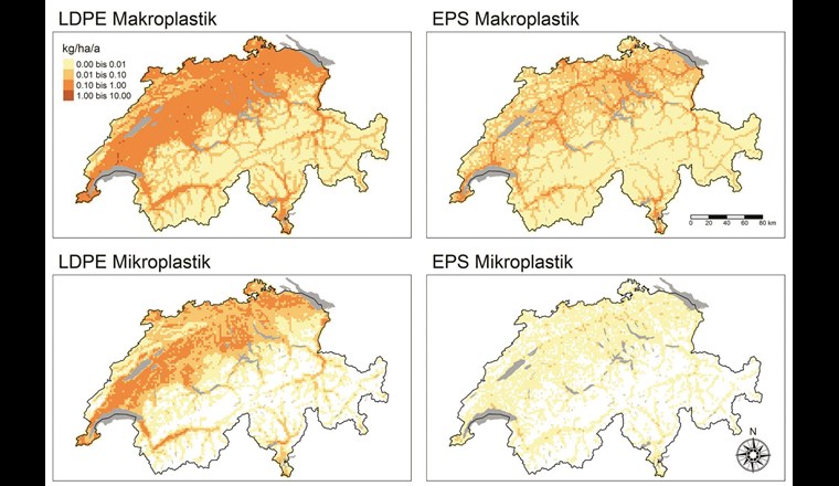 Geografische Verteilung der jährlichen Plastikemissionen auf Böden mit einer Auflösung von 10 × 10 km. Gezeigt sind LDPE-Makroplastik (oben links) und -Mikroplastik (unten links), EPS-
Makroplastik (oben rechts) und -Mikroplastik (unten rechts).