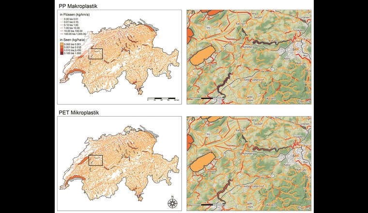 Geografische Verteilung der jährlichen Plastikemissionen von PP-Makroplastik (oben) und PET-Mikroplastik (unten) in Seen und Flüssen der Schweiz (links) und ein Kartenausschnitt (rechts).