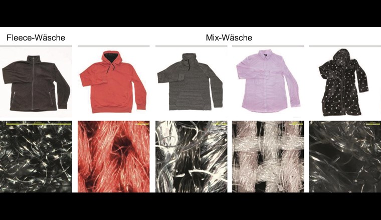 Kleidungsstücke und Gewebe der Fleece-Wäsche (8 Jacken) und Mix-Wäsche (Pullover, Hemden, Bademantel).