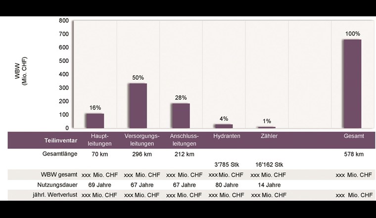 Fig. 5 Übersicht Mengen- und Wertgerüst des Wassernetzes. Von der Angabe der mit «xxx» gekennzeichneten Werte wurde abgesehen, um deren Veröffentlichung durch ewb nicht vorzugreifen.