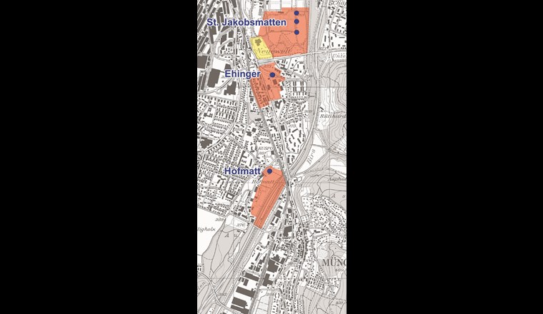 Fallbeispiel Münchenstein: heute rechtskräftige Schutzzonen. Rot: Schutzzone S2; gelb: Schutzzone S3.  (Vereinfachte Darstellung nach der Modellierung der TK Consult AG, Zürich. Ausstehend ist die raumplanerische Grenzziehung.)