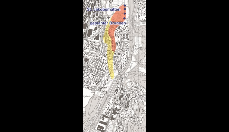Fallbeispiel Münchenstein: Ausdehnung Schutzzonen bei Ausbau St. Jakobsmatten. Rot: Schutzzone S2; gelb: Schutzzone S3. 
(Vereinfachte Darstellung nach der Modellierung der TK Consult AG, Zürich. Ausstehend ist die raumplanerische Grenzziehung.)