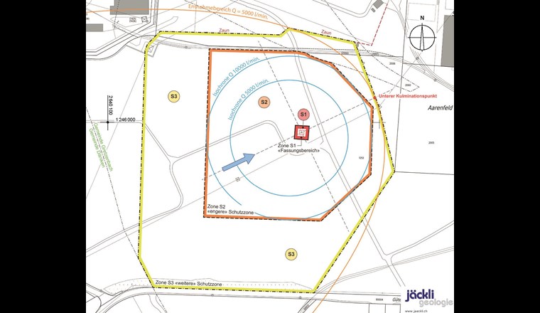 10-Tages-Isochronen für Fördermengen von 5000 l/min und 10 000 l/min; Grundwasserschutzzonen.