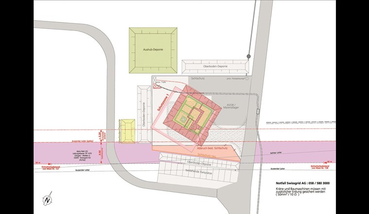 Baustelleninstallationsplan mit nachträglich angepasster Ausrichtung des Pumpwerks. (BSB + Partner AG)