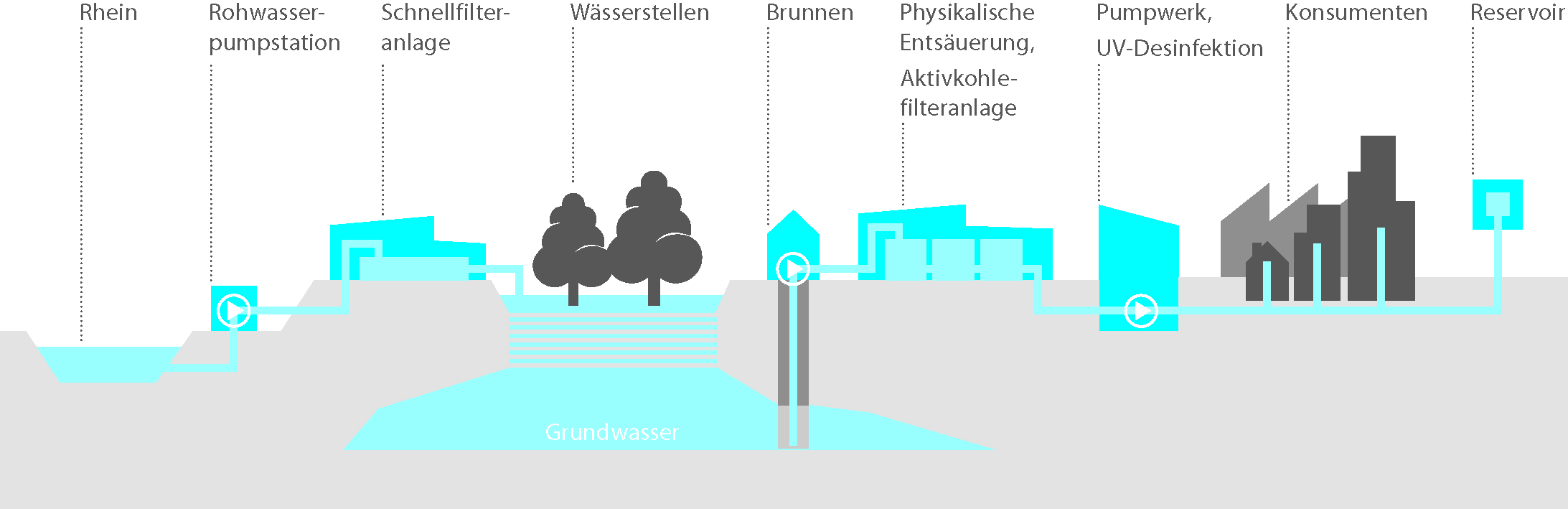 Fliessbild der Trinkwasseraufbereitung bei IWB.