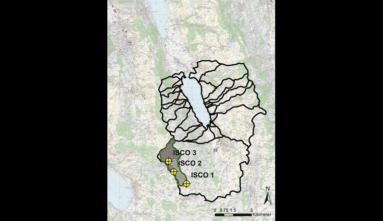 Karte des Einzugsgebiets des Baldeggersees mit Teileinzugsgebieten «Ron» (R), «Obere Ron» (OR), «Staegbach» (StB), «Spittlisbach» (SpB), «Muehlibach» (MB) und «Hoehibach» (HB) sowie den Standorten und Einzugsgebieten der drei automatischen Probenehmer ISCO 1, ISCO 2 und ISCO 3.