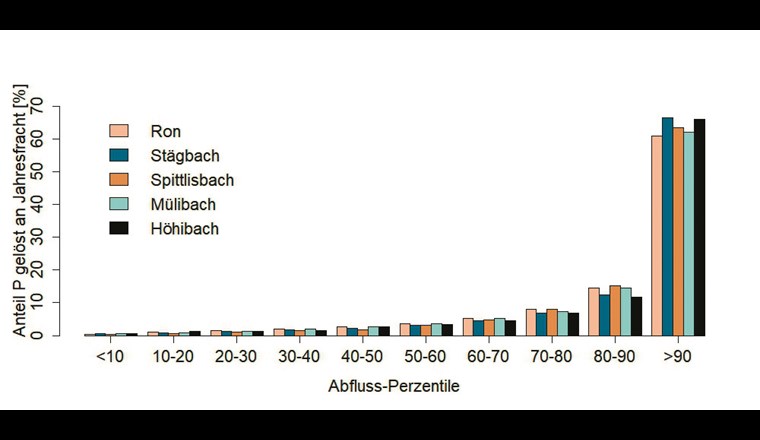 Anteil der jährlichen gelösten Phosphorfrachten an den gemessenen Jahresfrachten nach Abflussklassen für die Jahre 2001 bis 2015 für die fünf wichtigsten Zuflüsse zum Baldeggersee.