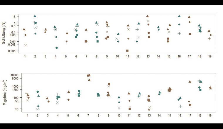 Schüttungen (oben) und Konzentration (unten) an gelöstem Phosphor [mg/m3] der 19 beprobten Zuleitungen.