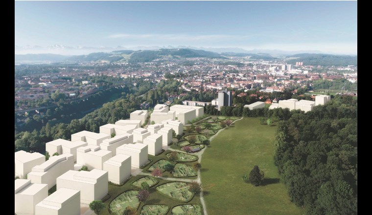 Areal Viererfel/Mittelfeld – ein Leuchtturmprojekt der Stadt Bern. Auf dem 190 000 m3 grossen Stadtquartier soll Wohn- und Lebensraum für rund 3000 Menschen geschaffen werden. Für das künftige 2000-Watt-Areal wird ein Gesamtenergiekonzept erarbeitet, das eine nachhaltige und ökologische Energieversorgung gewährleistet. (Quelle: Stadt Bern)