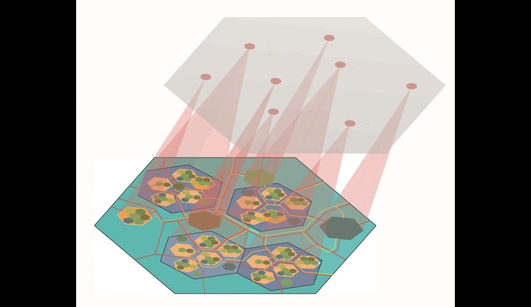 Lokale Koordination. Die Koordination des Multienergiesystems geht von der lokalen Grundeinheit aus (rote Kegel). Die lokal koordinierten Einheiten können in einem zweiten Schritt auf einer übergeordneten Ebene (grau) koordiniert werden. Die einzelnen Aggregatoren fassen die Funktionen (Speicher, Produktion, Verbrauch usw.) ortsgebunden zusammen (rote Punkte), sodass die Koordination des Gesamtsystems ausgehend von der physikalischen Grundeinheit stattfindet.