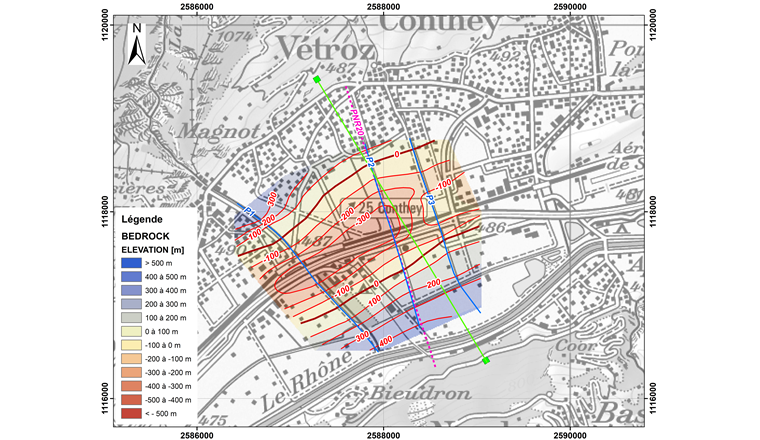 Fig. 2 Isohypses (rouge) du toit du soubassement rocheux dans le secteur de Vétroz et situation des profils sismiques (bleu et rose). Tracé de la coupe géologique de la figure 3 en vert.
