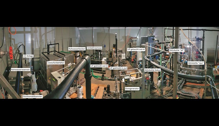 Einblick in die Pilotanlage mit Beschriftung der wichtigsten Anlagenkomponenten. UF= Ultrafiltration; UV= Ultraviolettes Licht