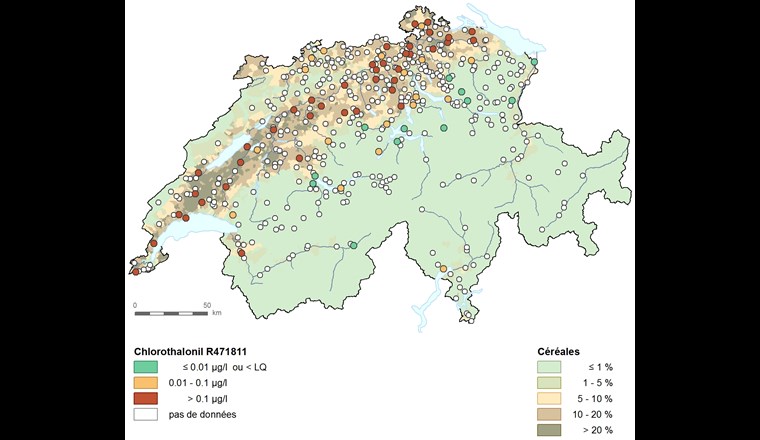 Die Auswertung von 70 NAQUA-Messstellen in den Jahren 2017 und 2018 verdeutlicht die weiträumige Verbreitung und den hohen Anteil von Grenzwertüberschreitungen mit dem Chlorothalonil-Metaboliten R471811 im Grundwasser des Mittellandes.