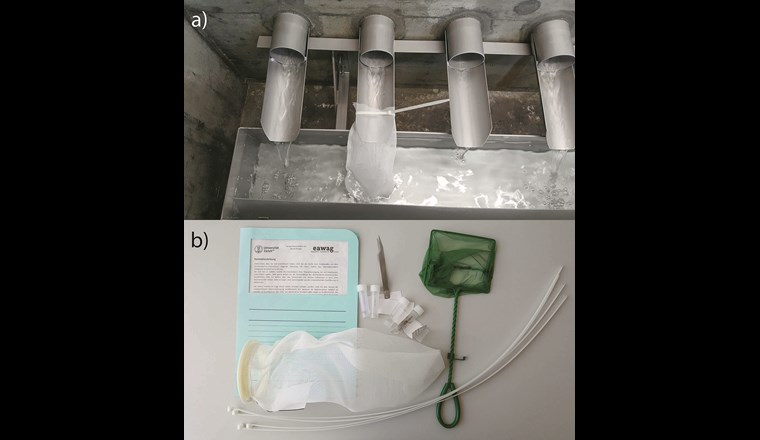 a) Ein feinmaschiges Netz, das an einem Zulauf der Brunnenstube angebracht wird, sammelte während einer Woche alle eingeschwemmten Partikel inklusive möglicher Grundwasserbewohner.
b) Das den Wasserversorgungen zur Verfügung gestellte Beprobungsmaterial ermöglichte eine einfache Teilnahme an der Pilotstudie.