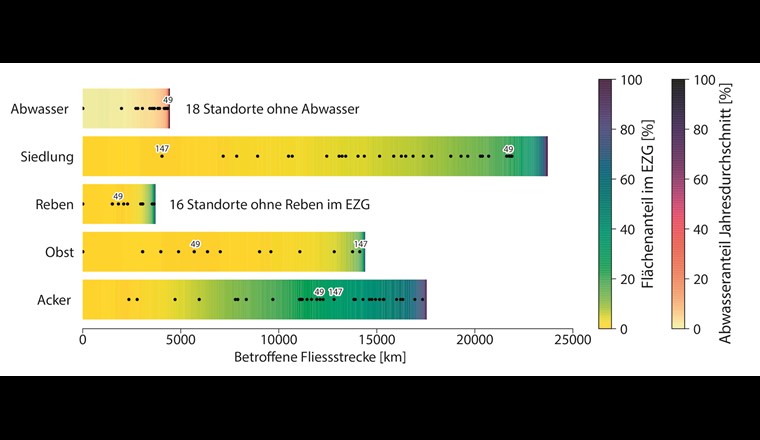 Landnutzungs- und Abwasseranteile der NAWA-MV-Standorte im Vergleich zu den Landnutzungs- und Abwasseranteilen im Schweizer Fliessgewässernetz. Die Farbverläufe illustrieren, wie sich die Flächenanteile von Ackerland, Obst- und Rebbau, der Siedlung sowie die Abwasseranteile entlang der davon betroffenen Fliessstrecke verteilen. Die NAWA-MV-Standorte mit ihren Landnutzungs- und Abwasser-anteilen sind als schwarze Punkte dargestellt. Als Beispiele sind die Standorte Eschelisbach (ID 147) und Furtbach (ID 49) gekennzeichnet. Lesebeispiel: etwa 17 500 km der totalen Fliessstrecke von rund 65 000 km haben Ackerland im EZG. Von den 17 500 km haben knapp 3000 km einen Ackerlandanteil von über 40% (Farben blaugrün bis violett, repräsentiert durch 11 Standorte).