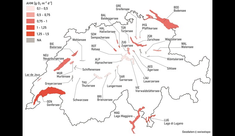 Hypolimnische O2-Zehrung AHM der grösseren Schweizer Seen. Seen ohne zum Zeitpunkt der Publikation verfügbare Daten sind grau dargestellt. Daten neu berechnet aus [9, 10, 14]. (Geodaten: ©swisstopo)