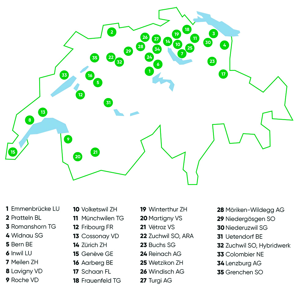Übersicht der Biogasaufbereitungs- und -einspeiseanlagen der Schweiz (Stand 2019; Quelle: VSG)
