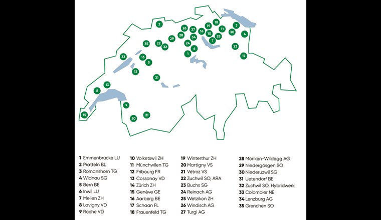 Übersicht der Biogasaufbereitungs- und -einspeiseanlagen der Schweiz (Stand 2019; Quelle: VSG)