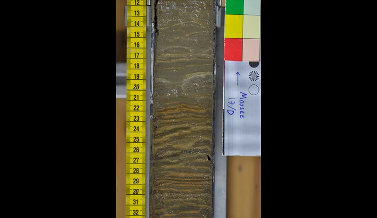 Der aufgeschnittene Sedimentkern zeigt die Schichten, die sich Jahr für Jahr auf dem Boden des Moossees abgelagert haben. (© Universität Bern)
