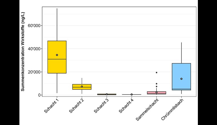 Fig. 4 Verteilung der Summenkonzentrationen in vier Einlaufschächten sowie Sammelschacht und Bach während der vier Regenereignisse mit Messungen an allen Standorten. Die weissen Punkte stellen den Mittelwert der Summenkonzentrationen dar. Für Substanzen unter der Bestimmungsgrenze wurde die Konzentration auf null gesetzt.