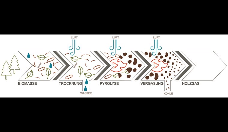 Stufen des Holzvergasungsprozesses mit Vergaserkohle als Nebenprodukt.