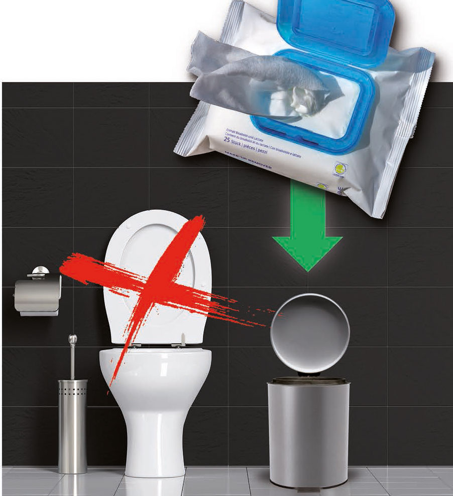 Feuchtüchlein können in Abwasseranlagen zu Verstopfungen führen. Bild: VSA Infoflyer «Feuchttüchlein»