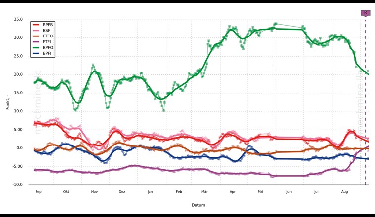 Fig. 2 Defektbasierte Anomaliedetektion für das Wälzlager aus Figur 1. Im März stieg der BPFO-Pegel an und verharrte dort bis zum Austausch des Lagers. Das violette «R» steht für Reparatur.
