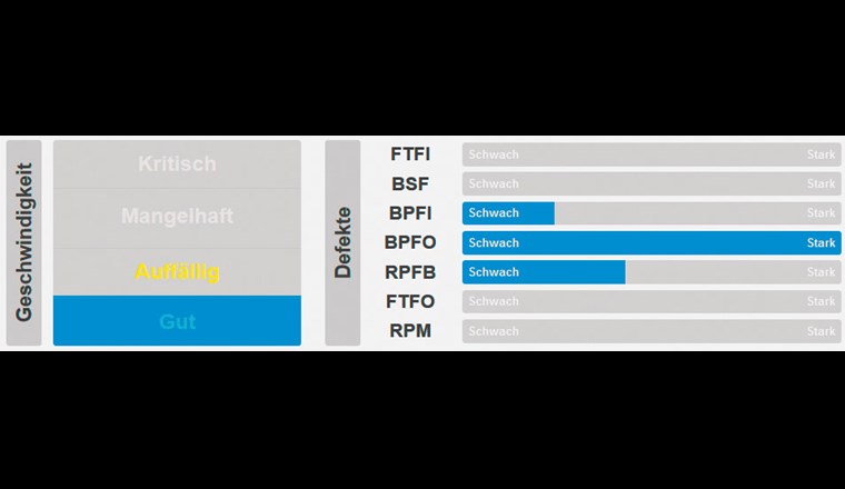 Fig. 7 Dashboard zur schnellen Übersicht des Zustands einer Komponente, Beispiel Wälzlager: aktuelle Bewertung des Schwingungspegels gemäss ISO 10816 (links), aktuelle Ausprägung der möglichen Lagerdefekte (Zustand) aus der defektbasierten Anomaliedetektion (rechts).