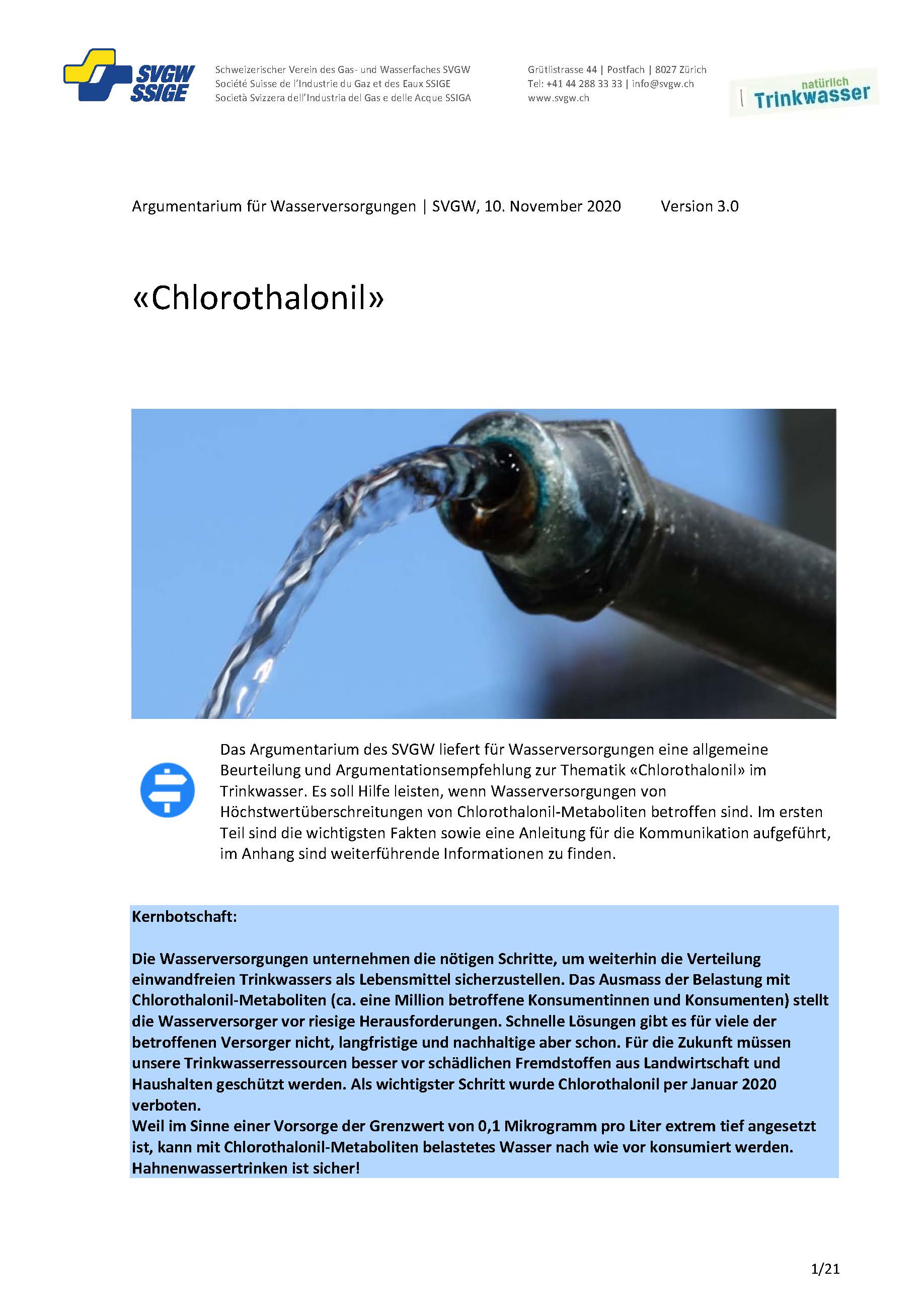 Auf svgw.ch/wasser/dossier-chlorothalonil ist das Argumentarium für SVGW-Mitglieder frei verfügbar.
