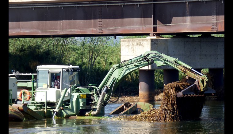 An einer Brücke oberhalb der Wasserkraftanlage «Kafue Gorge Power Station» werden die Wasserpflanzen entfernt. (Foto: RS Winton)