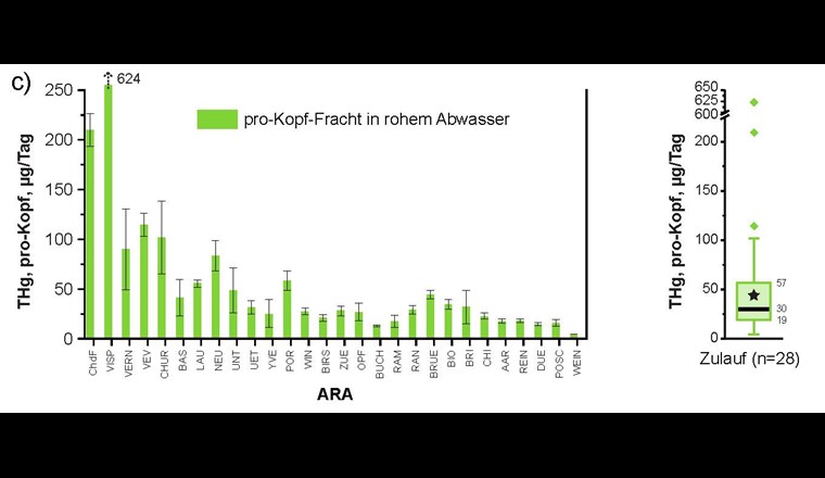 Fig. 3c) THg-Pro-Kopf-Frachten, berechnet aus der Konzentration im Rohabwasserzulauf und der Anzahl der angeschlossenen Personen. Die vollständigen Namen der untersuchten ARA sind im Annex von Suess et al. [9] aufgeführt.