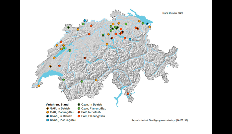 Übersichtskarte der ARA mit einer Stufe zur Eimination von Mikroverunreinigungen, die geplant, im Bau oder bereits in Betrieb ist.