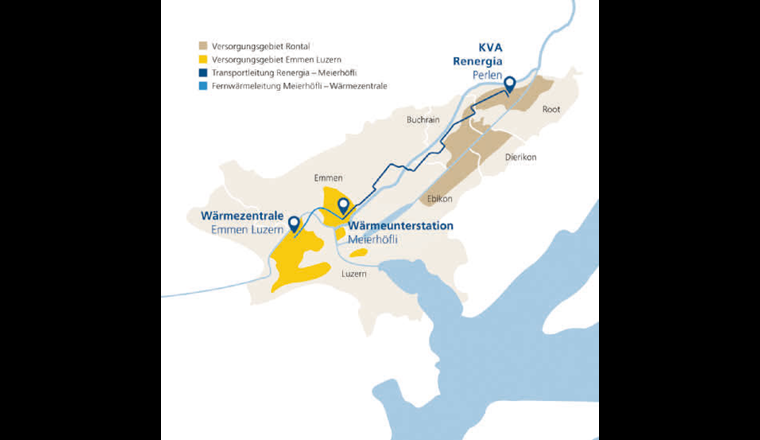 Die Versorgungsgebiete der Fernwärme Emmen-Luzern-Rontal. (©ewl)