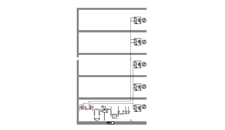 Innenhydranten-Leitung mit zwei separaten Druckzonen
und zwei Sicherheitsventilen. H: freier Auslauf, ständig
ungehindert zur Atmosphäre, H ≥ 2 x ID, min. 20 mm.