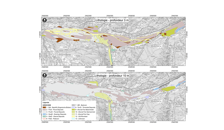 Fig. 1 Cartes lithologiques de la plaine du Rhône dans la région de Viège mettant en évidence la distribution des matériaux constitutifs du sous-sol à respectivement  3 m et 10 m de profondeur. Les cartes sont extraites d’un modèle géologique 3D réalisé à partir des données de forage disponibles dans le cadastre cantonal des forages. (https://geocadast.crealp.ch/; source: SEN)