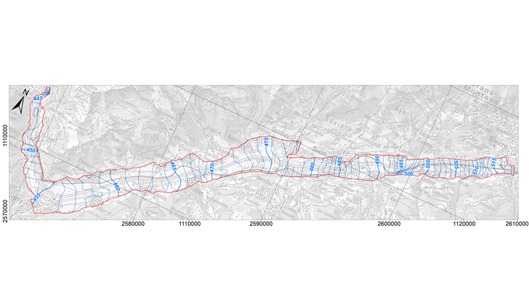 Fig. 4 Isopièzes moyennes en mètre représentatives du mois de février calculées pour la période de référence 1976–2017 (secteur Sierre-Évionnaz).