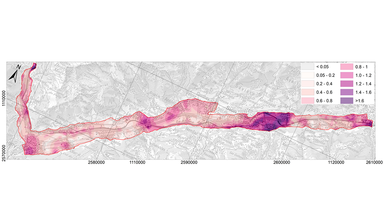 Fig. 6 Battement naturel de la nappe en mètre calculé pour la période 1976–2017 (secteur Sierre-Évionnaz).
