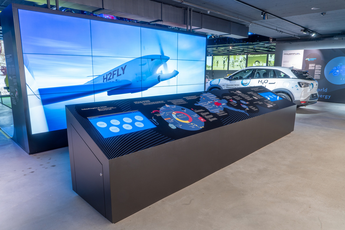 Informationen zum Treibstoff-Angebot in der Schweiz auf der Themeninsel Powerfuel im Verkehrshaus der Schweiz in Luzern. Der XXL-Bildschirm zeigt ein Wasserstoff-Flugzeug.
(© D. Amstutz/Verkehrshaus)