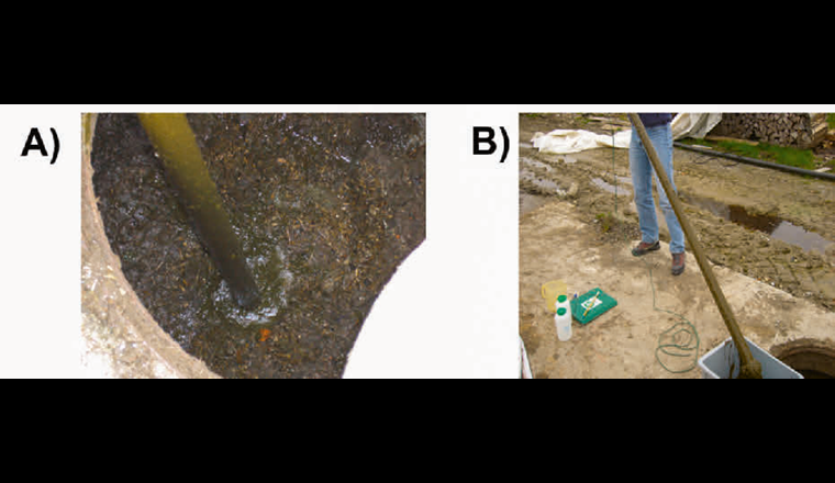 A) Eintauchen mit röhrenähnlichem Probenahmestab in der Güllegrube und B) Vereinen der Teilproben zu einer Mischprobe. (Fotos: Christine Bosshard)
