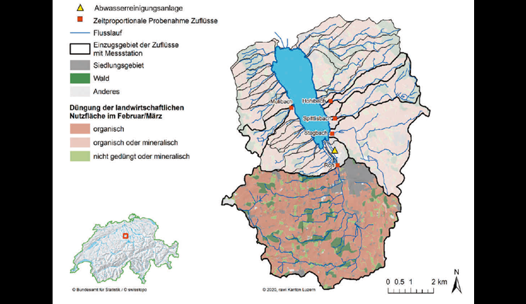 Karte des Einzugsgebiets des Baldeggersees und Standorte der zeitproportionalen Probenahme in den Zuflüssen des Baldeggersees (rote Quadrate) und der ARA Hochdorf (gelbes Dreieck). Die Ron, der Hauptzufluss des Baldeggersees, befindet sich südlich des Baldeggersees (hervorgehobenes Einzugsgebiet). Über 60% der landwirtschaftlichen Nutzflächen im gesamten Einzugsgebiet des Baldeggersees wurden am Anfang der Vegetationsperiode organisch gedüngt (dunkelbraun). Die Probenahmestellen und die Landnutzung im Einzugsgebiet (Quelle: © 2020, rawi Kanton Luzern) wurden mit Landschaftsmodellen, welche die administrativen Einheiten, nationalen Grenzen sowie die Flussläufe und Seekonturen der Schweiz (Quelle: Bundesamt für Topographie; [15]) zeigen, und mit topografischen Einzugsgebietsflächen von Schweizer Gewässern (Quelle: Bundesamt für Umwelt; [16]) kombiniert.