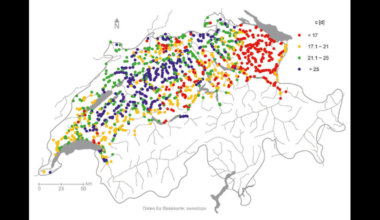 Karte der klassierten charakteristischen c-Werte an den Auslasspunkten. In jeder Klasse befinden sich je 25% der Werte. Je kleiner der c-Wert, umso grösser die Trockenheitsanfälligkeit. n = 2102.