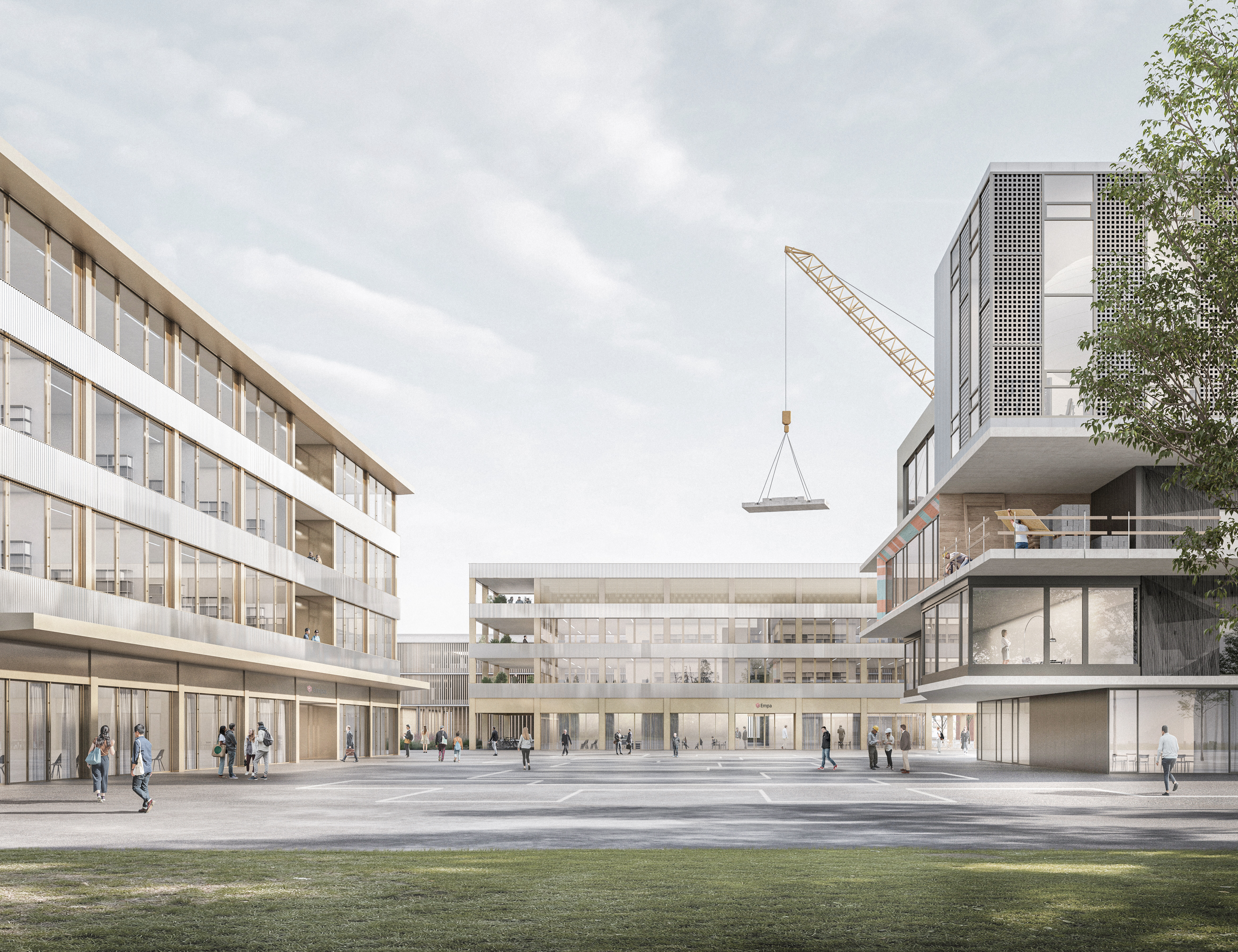 Die neuen Fassaden am zentralen Campusplatz – links das neue Labor-, hinten das Multifunktions-Gebäude - spiegeln die Dynamik des bestehenden NEST-Gebäudes wider. (Bild: SAM Architekten / Filippo Bolognese Images)