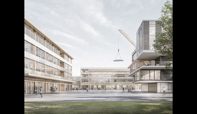 Die neuen Fassaden am zentralen Campusplatz – links das neue Labor-, hinten das Multifunktions-Gebäude - spiegeln die Dynamik des bestehenden NEST-Gebäudes wider. (Bild: SAM Architekten / Filippo Bolognese Images)
