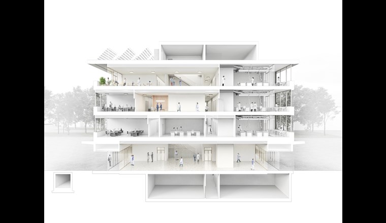 Begegnungs-, Büro- und Versuchsflächen werden im neuen Laborgebäude unter einem Dach vereint. (Bild: SAM Architekten / Filippo Bolognese Images)