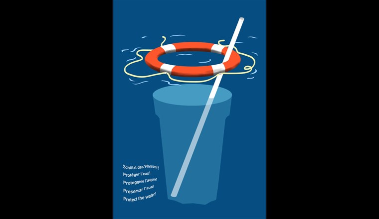 Fruzsina Korondis stimmige Neuinterpretation von Hans Ernis ikonischem Plakat «Rettet das Wasser!». Korondis Appell lautet «Schützt das Wasser!». Denn was gestern gerettet  werden musste, ist heute zu schützen – ohne zwischen Oberflächen-, Grund- und Trinkwasser zu unterscheiden oder Grenzen zu ziehen. (© Fruzsina Korondi)