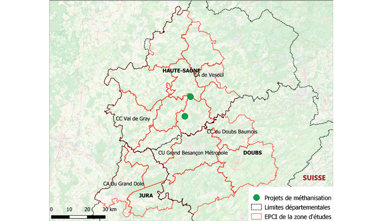 Fig. 1 Périmètre de la zone d’études et localisation des projets étudiés. (Sources: BD Topo 2018; GRDF)