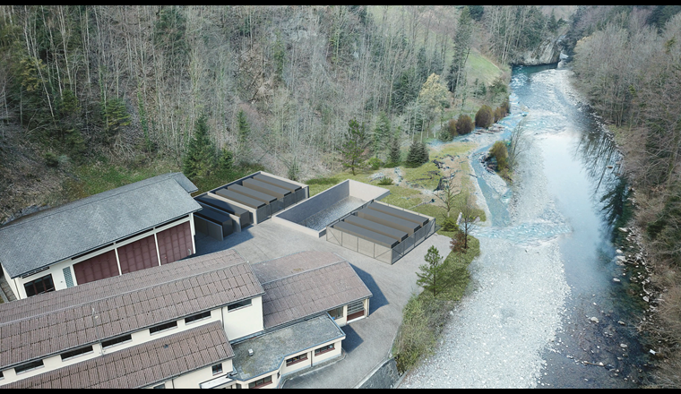 Visualisierung der geplanten Power-to-Gas-Anlage beim Wasserkraftwerk Wernisberg an der Muota. Dort werden jährlich rund 60 Mio. kWh Strom erzeugt. Die Überschüsse sollen künftig für die Produktion von grünem Wasserstoff verwendet werden. (© BSS Architektiken/ebs Energie AG)