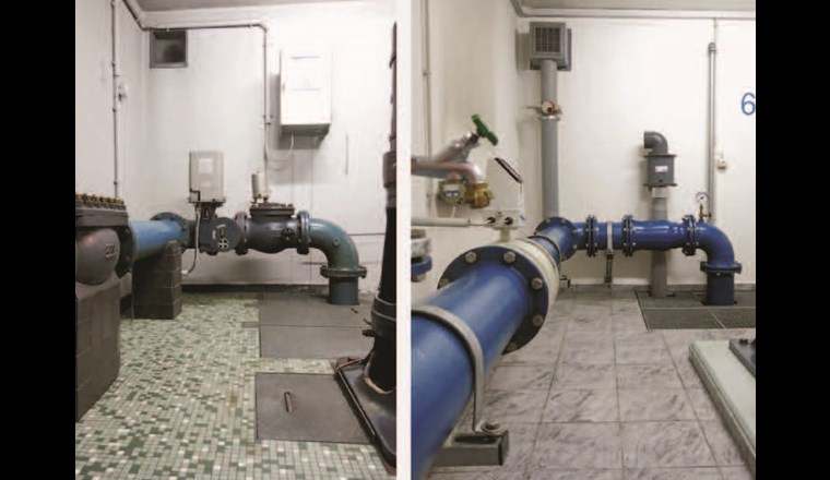 Fig. 11 Brunnenstube vor und nach Instandsetzung: neue Rohrleitungen, Durchflussmessgerät und Düsenrückschlagventil.